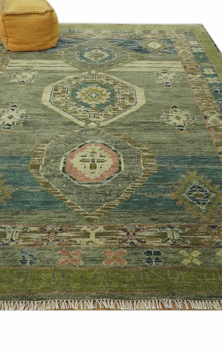 Green and Teal Traditional Hand Knotted Multi Size wool area rug