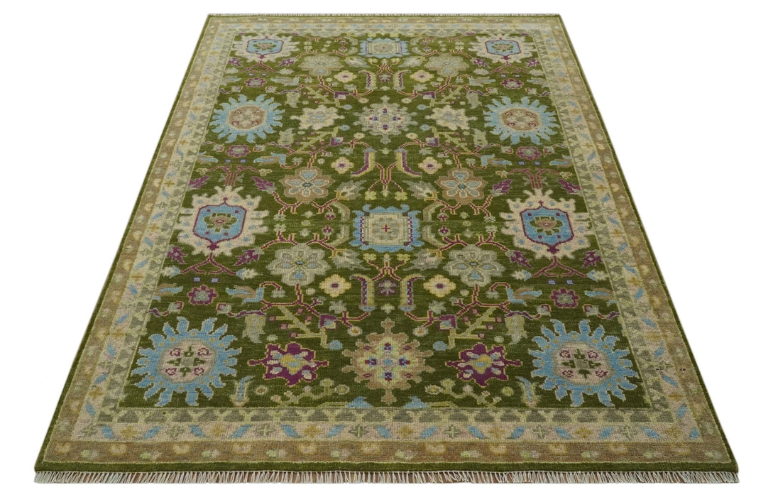 Green, Beige and Purple 8x10 Hand Knotted Traditional Oushak wool area rug