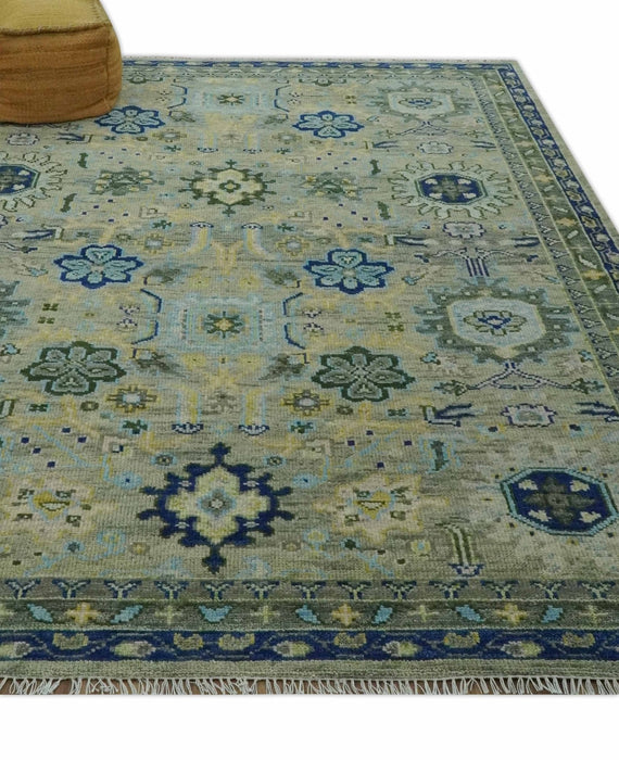 Green, Blue and Mustard Hand Knotted 8x10 Traditional Oushak wool area rug