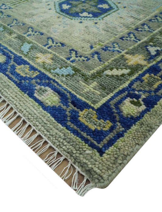 Green, Blue and Mustard Hand Knotted 8x10 Traditional Oushak wool area rug
