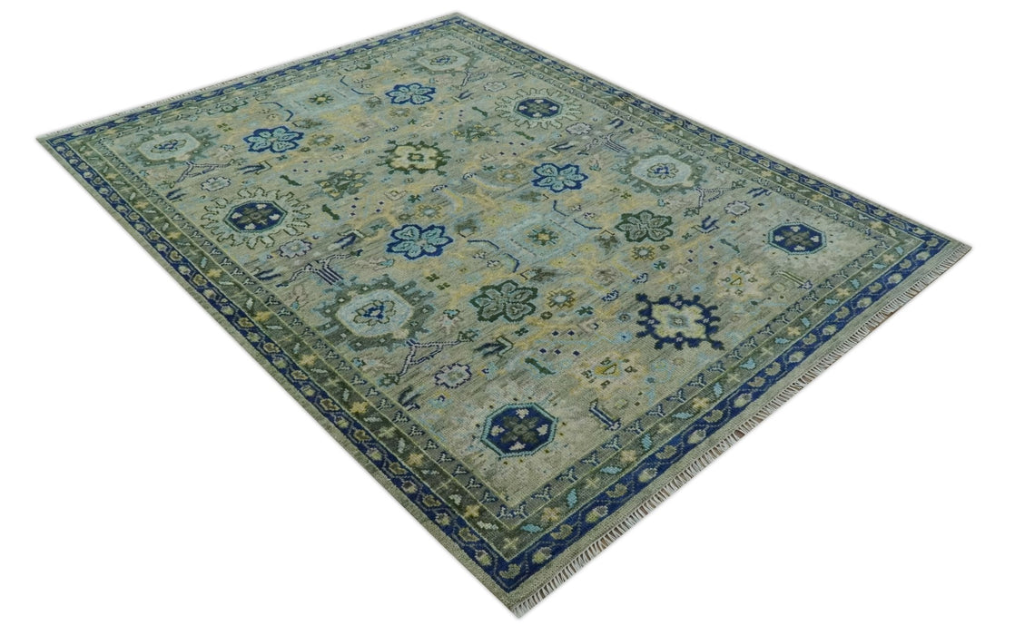 Green, Blue and Mustard Hand Knotted 8x10 Traditional Oushak wool area rug