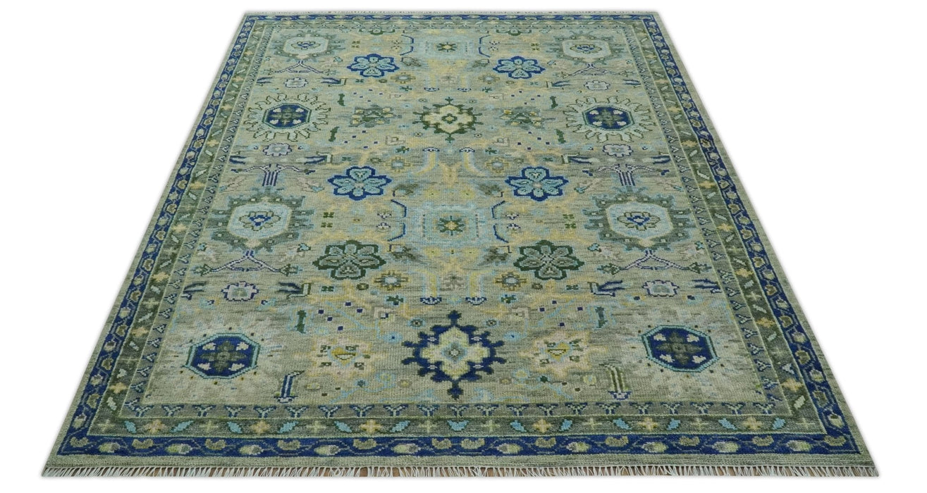 Green, Blue and Mustard Hand Knotted 8x10 Traditional Oushak wool area rug
