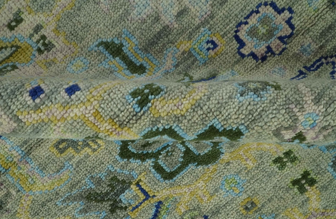 Green, Blue and Mustard Hand Knotted 8x10 Traditional Oushak wool area rug