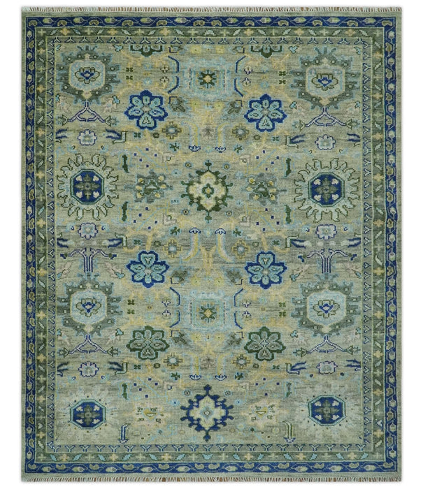 Green, Blue and Mustard Hand Knotted 8x10 Traditional Oushak wool area rug