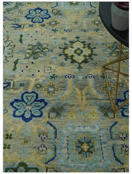 Green, Blue and Mustard Hand Knotted 8x10 Traditional Oushak wool area rug