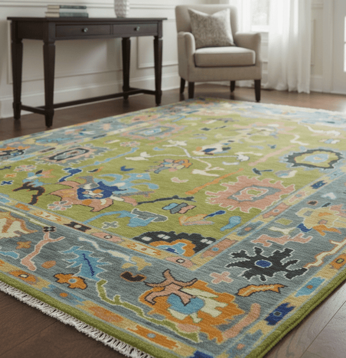 Green, Gray and Peach Vibrant Colorful Hand knotted Traditional Oushak 8x10 and 9x12 wool Area Rug