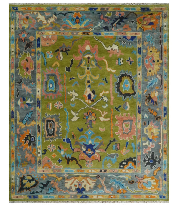 Green, Gray and Peach Vibrant Colorful Hand knotted Traditional Oushak 8x10 and 9x12 wool Area Rug