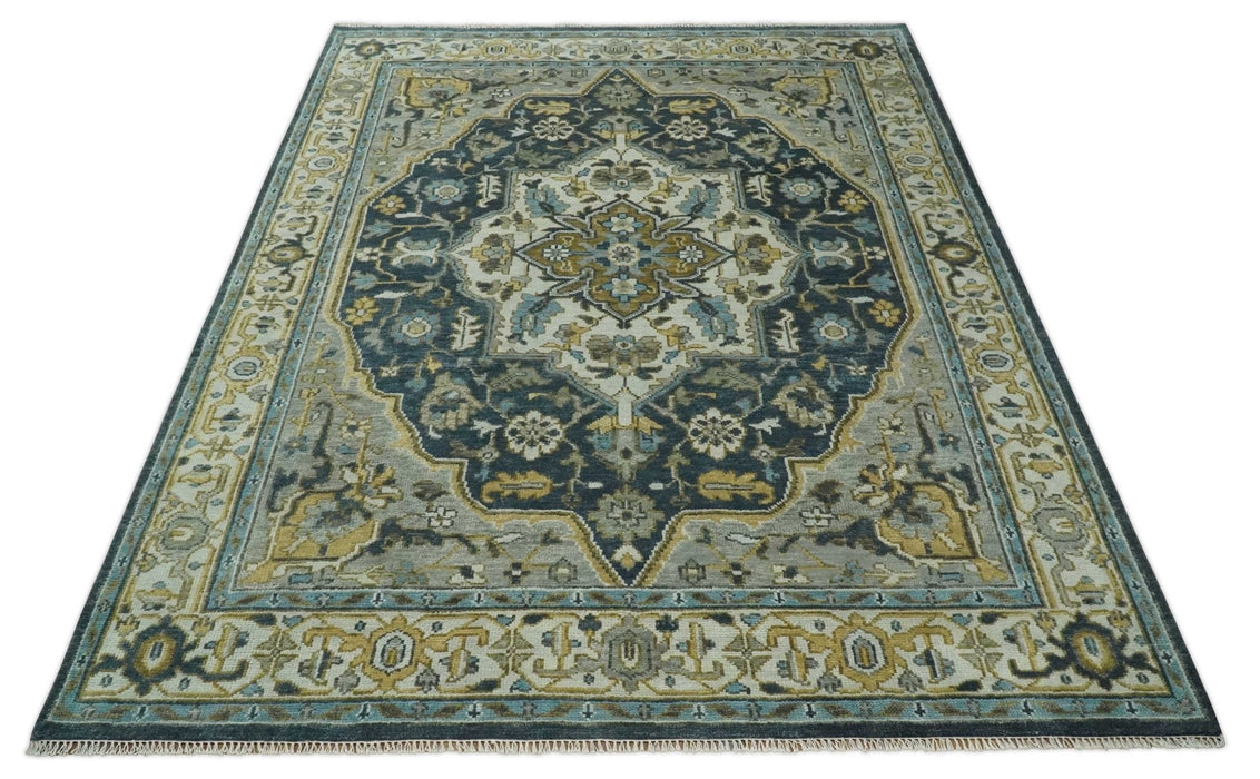 Ivory, Teal, and silver Hand Knotted Traditional Medallion Multi size wool Area Rug
