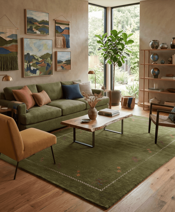 Green Modern Gabbeh Border Design Hand Loomed Wool Area Rug