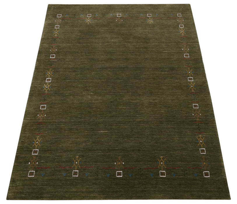 Green Tribal Border Design Hand Loomed Wool Area Rug