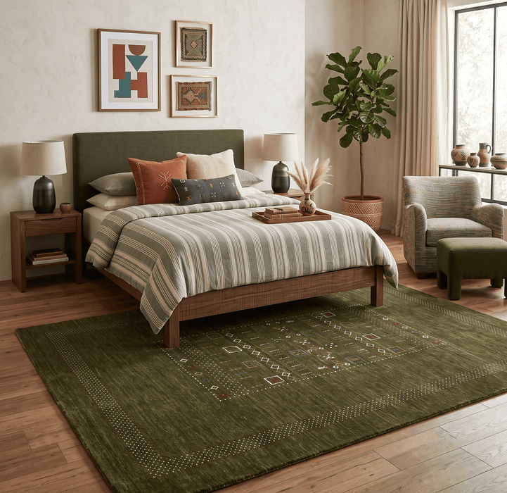 Green Tribal Center Pattern Hand Loomed Wool Area Rug