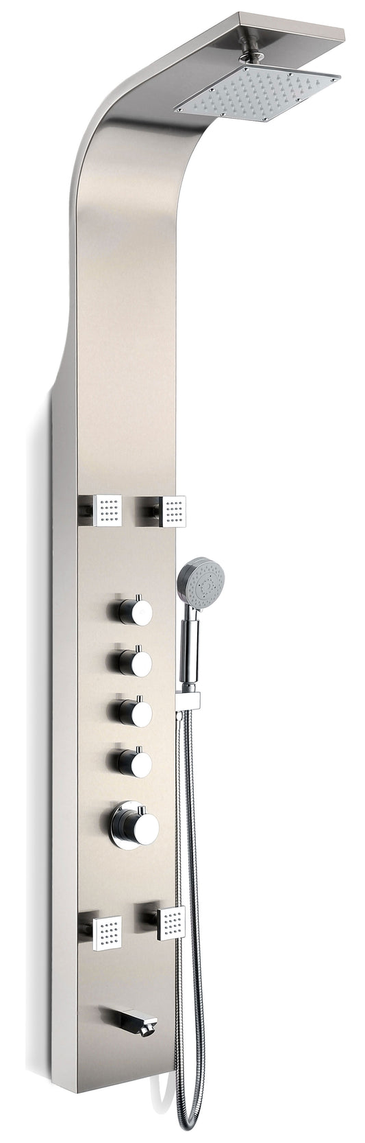 Echo 63.5 in. 4-Jetted Full Body Shower Panel with Heavy Rain Showerhead, Spray Wand and Tub Spout in Brushed Steel