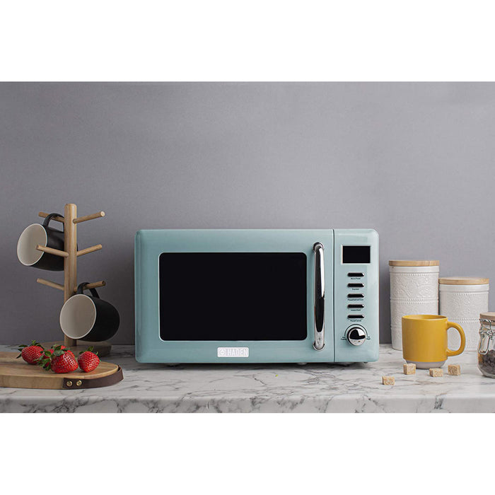 Haden 0.7 Cu Ft Compact Countertop Microwave, 700 Watts, Turquoise & Chrome