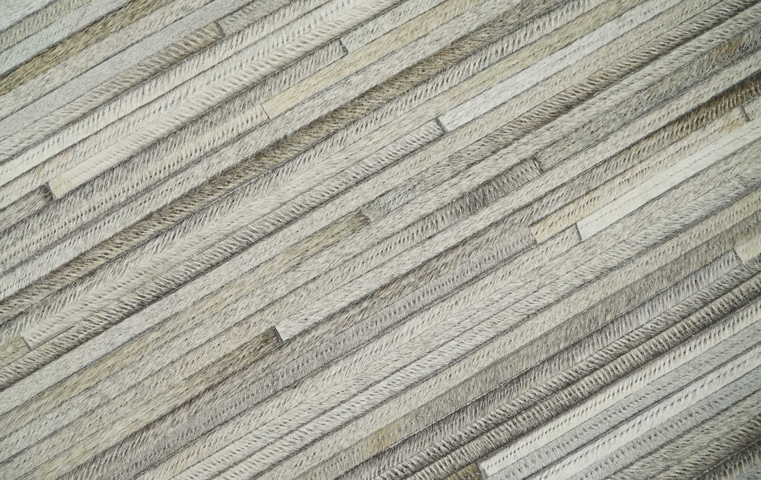 Hairon Leather Stripe Design Handmade Gray and Silver Area Rug, Hand Stitched Genuine Leather Rug
