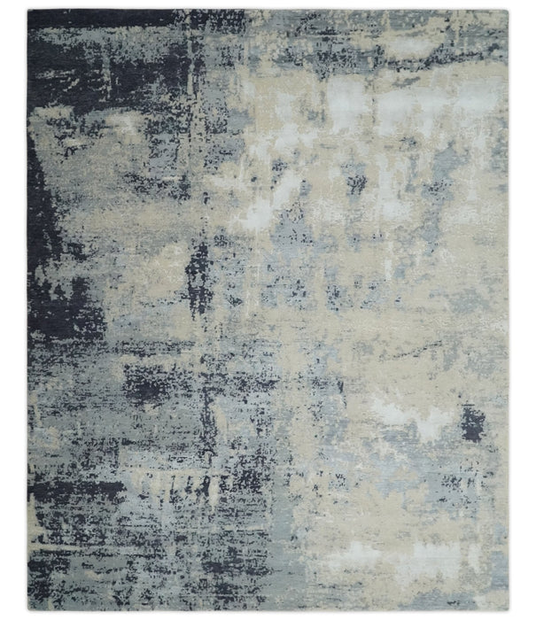 Hand Carved 8x10 Knotted Beige, Silver and Charcoal Modern Abstract Wool And Bamboo Silk Area Rug