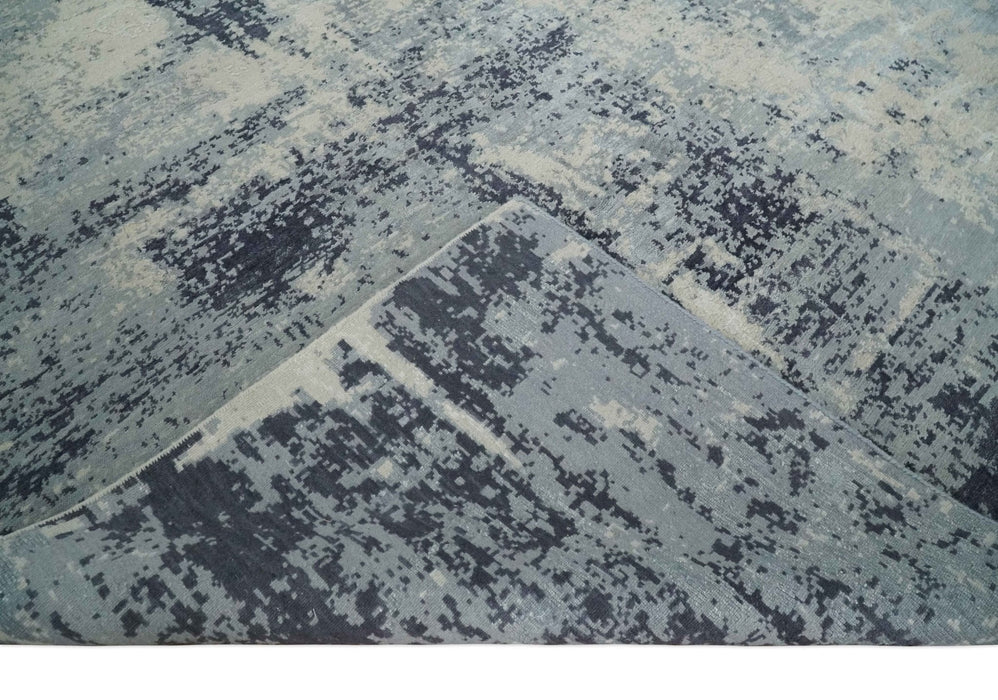 Hand Carved 8x10 Knotted Beige, Silver and Charcoal Modern Abstract Wool And Bamboo Silk Area Rug