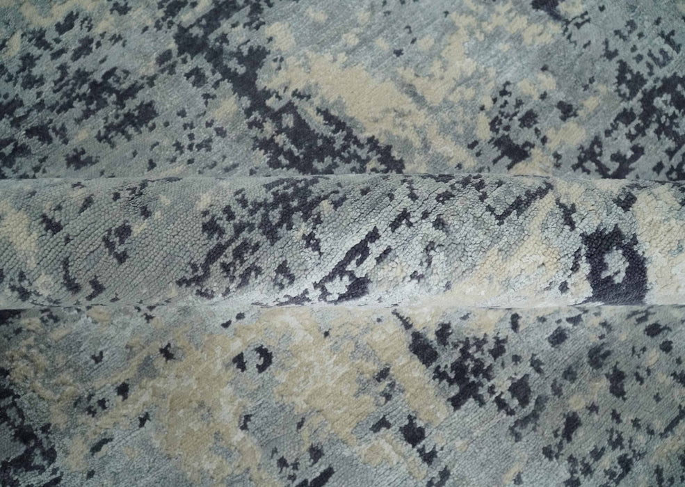 Hand Carved 8x10 Knotted Beige, Silver and Charcoal Modern Abstract Wool And Bamboo Silk Area Rug