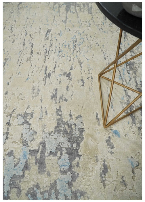 Hand Carved Abstract 8x10 Beige, Charcoal and Blue Hand Knotted Wool and Real Silk Area Rug