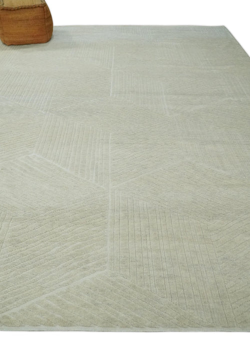 Hand carved Beige Geometrical Stripes Pattern Hand Knotted 9x12 Wool Area Rug