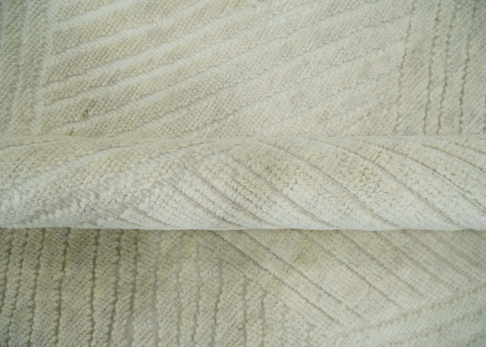 Hand carved Beige Geometrical Stripes Pattern Hand Knotted 9x12 Wool Area Rug