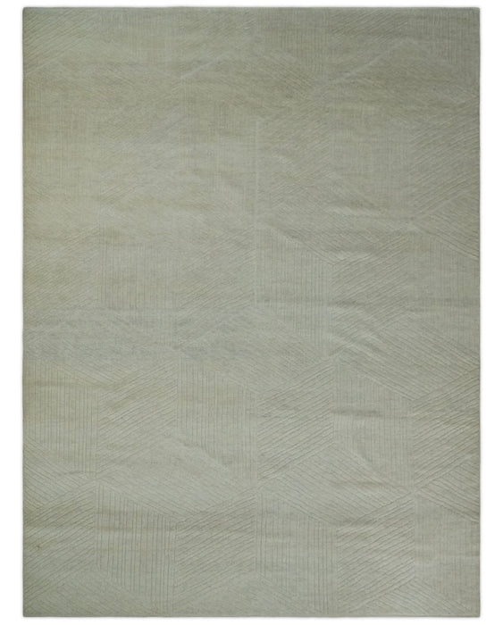 Hand carved Beige Geometrical Stripes Pattern Hand Knotted 9x12 Wool Area Rug