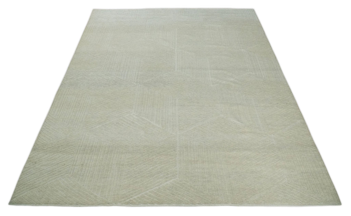Hand carved Beige Geometrical Stripes Pattern Hand Knotted 9x12 Wool Area Rug