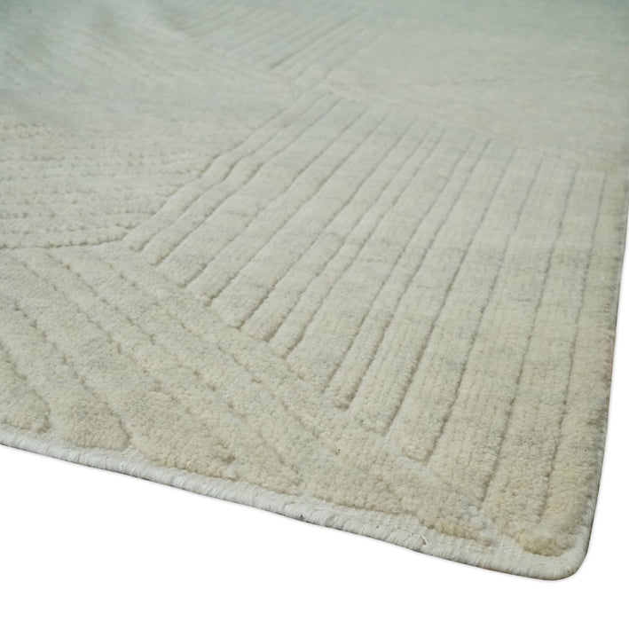 Hand carved Beige Geometrical Stripes Pattern Hand Knotted 9x12 Wool Area Rug