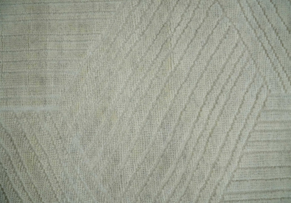 Hand carved Beige Geometrical Stripes Pattern Hand Knotted 9x12 Wool Area Rug