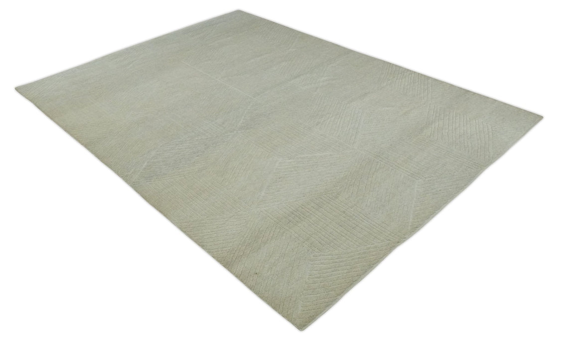 Hand carved Beige Geometrical Stripes Pattern Hand Knotted 9x12 Wool Area Rug