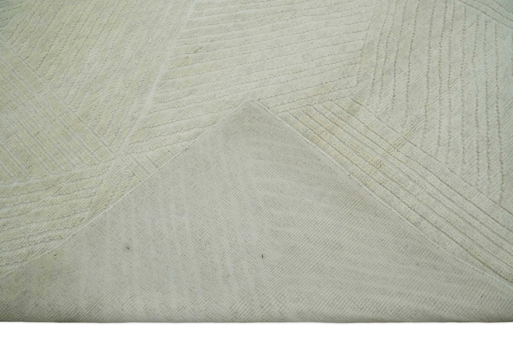Hand carved Beige Geometrical Stripes Pattern Hand Knotted 9x12 Wool Area Rug