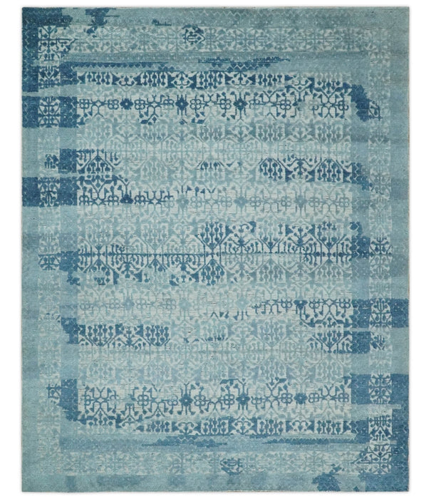 Hand carved Design Blue, Gray and silver Traditional Hand knotted 8x10 wool Area Rug