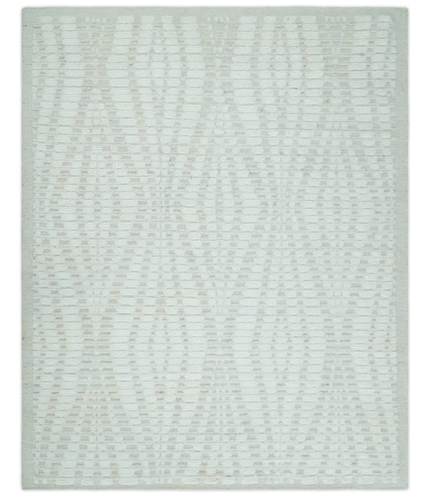 Hand carved Ivory Traditional Geometrical Pattern Hand Knotted 7.10x9.8 Wool Area Rug