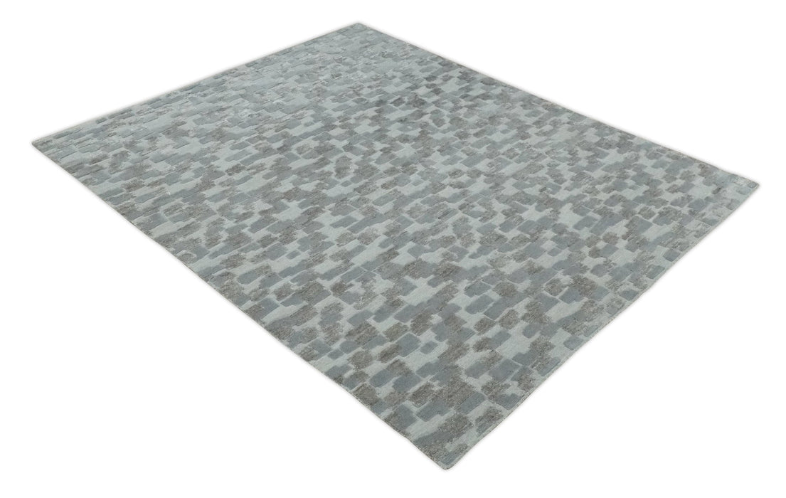 Hand carved Silver, Gray and Brown Traditional Geometrical Pattern Hand Knotted 8x10 and 9x12 Wool and Silk Area Rug