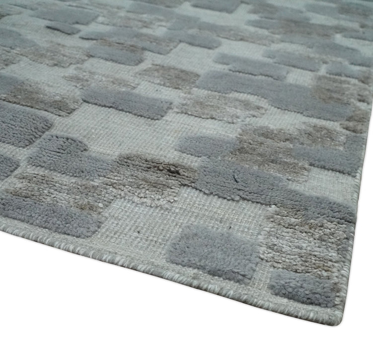 Hand carved Silver, Gray and Brown Traditional Geometrical Pattern Hand Knotted 8x10 and 9x12 Wool and Silk Area Rug