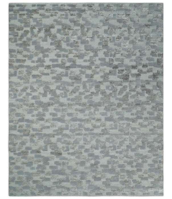 Hand carved Silver, Gray and Brown Traditional Geometrical Pattern Hand Knotted 8x10 and 9x12 Wool and Silk Area Rug