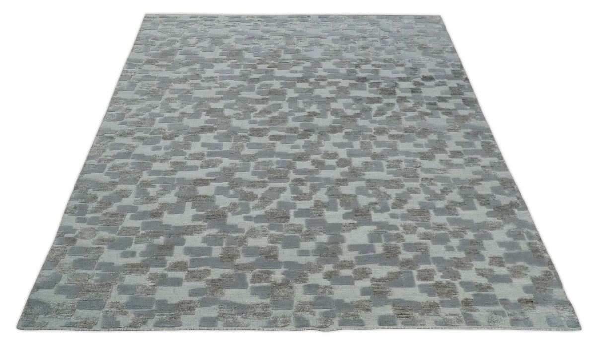 Hand carved Silver, Gray and Brown Traditional Geometrical Pattern Hand Knotted 8x10 and 9x12 Wool and Silk Area Rug