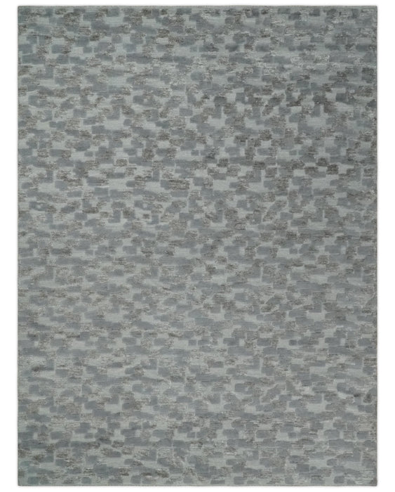 Hand carved Silver, Gray and Brown Traditional Geometrical Pattern Hand Knotted 8x10 and 9x12 Wool and Silk Area Rug