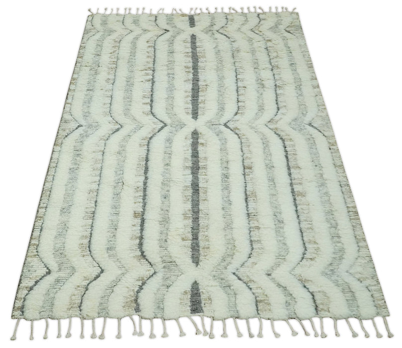 Hand Carved Texture Ivory, Gray, Charcoal and Beige Moroccan Style Modern Stripes Design 5x8 wool Area Rug