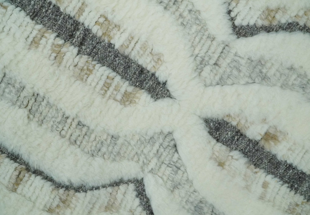 Hand Carved Texture Ivory, Gray, Charcoal and Beige Moroccan Style Modern Stripes Design 5x8 wool Area Rug