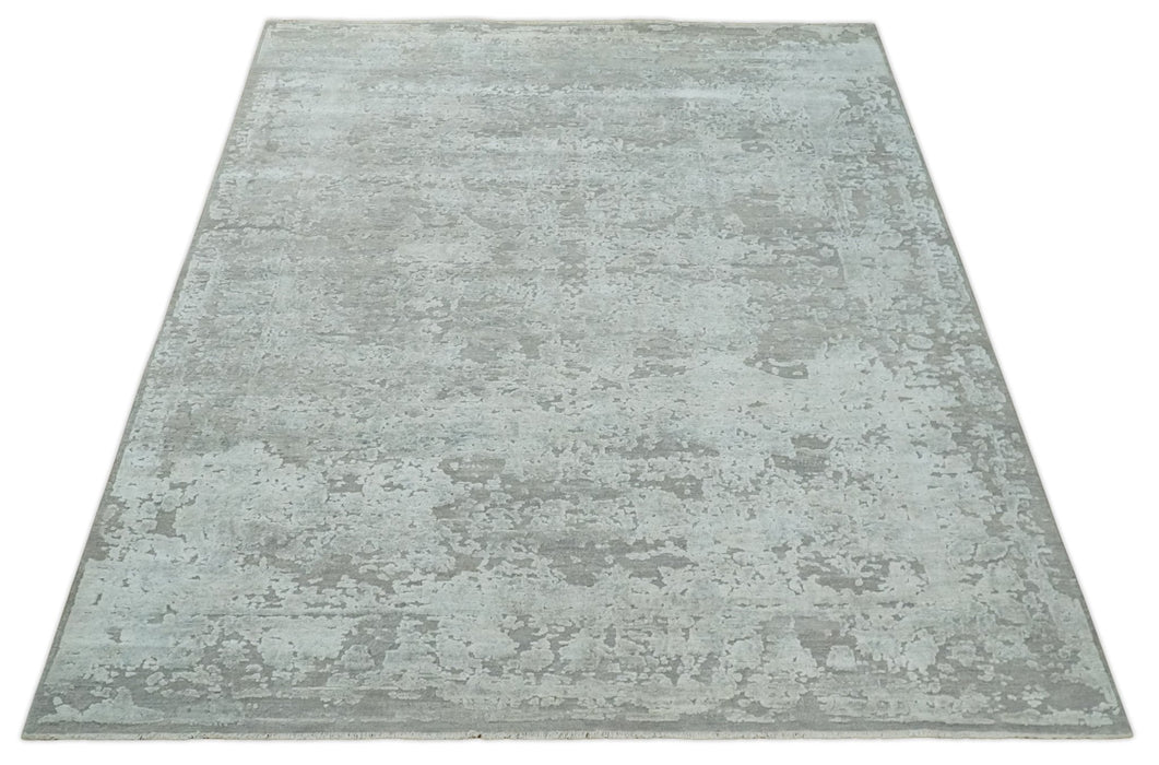 Hand Carved Texture Modern abstract Silver and Gray Hand Knotted 8x10 wool and Art Silk Area Rug