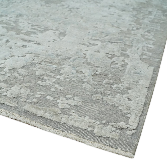 Hand Carved Texture Modern abstract Silver and Gray Hand Knotted 8x10 wool and Art Silk Area Rug