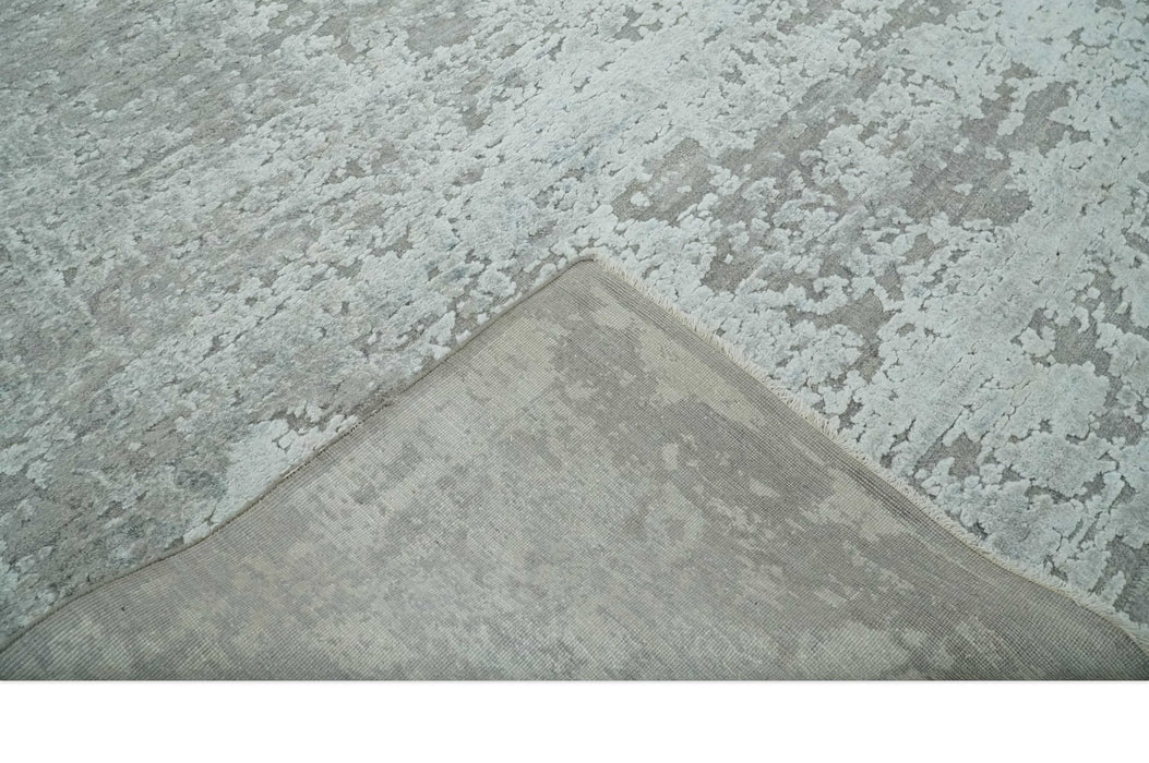 Hand Carved Texture Modern abstract Silver and Gray Hand Knotted 8x10 wool and Art Silk Area Rug