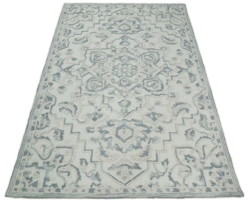 Hand Hooked 5x8 Blue, Silver and White Wool Textured Loop Area Rug | GAR7