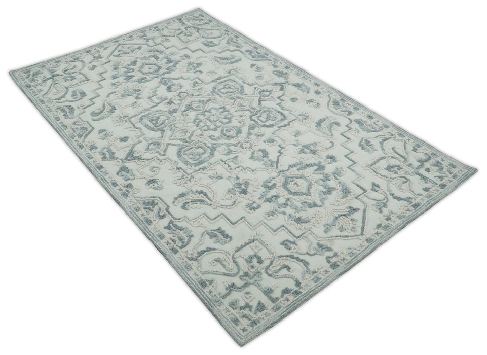 Hand Hooked 5x8 Blue, Silver and White Wool Textured Loop Area Rug | GAR7