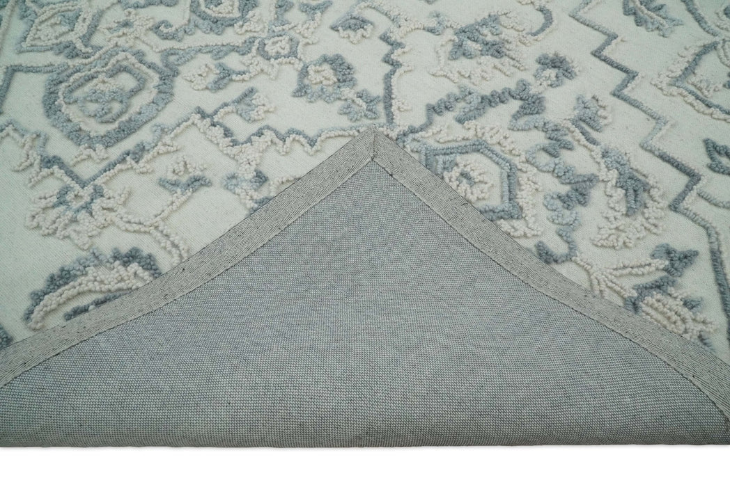 Hand Hooked 5x8 Blue, Silver and White Wool Textured Loop Area Rug | GAR7