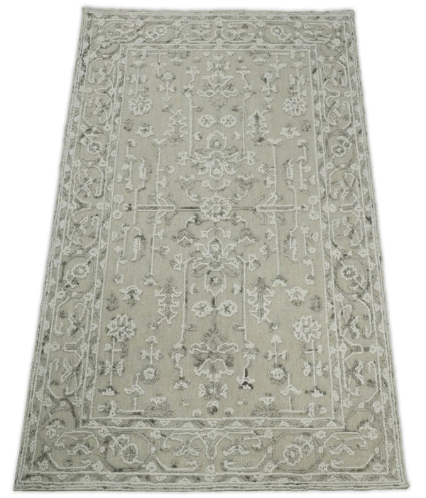 Hand Hooked 5x8 White and Gray Wool Textured Loop Area Rug | GAR9