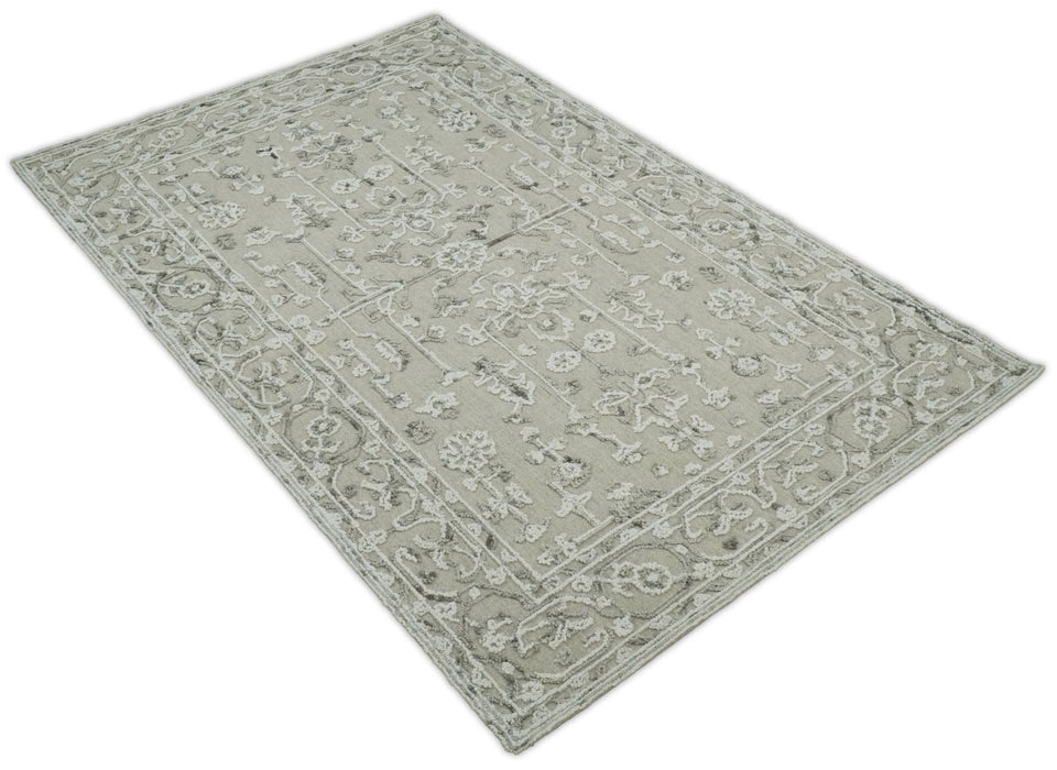 Hand Hooked 5x8 White and Gray Wool Textured Loop Area Rug | GAR9