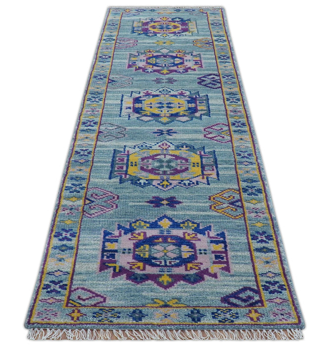 Hand knotted 2.6x10 Purple and Blue transitional geometrical Design Wool Area Rug