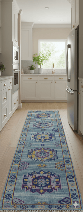 Hand knotted 2.6x10 Purple and Blue transitional geometrical Design Wool Area Rug