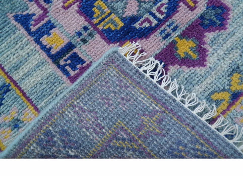 Hand knotted 2.6x10 Purple and Blue transitional geometrical Design Wool Area Rug